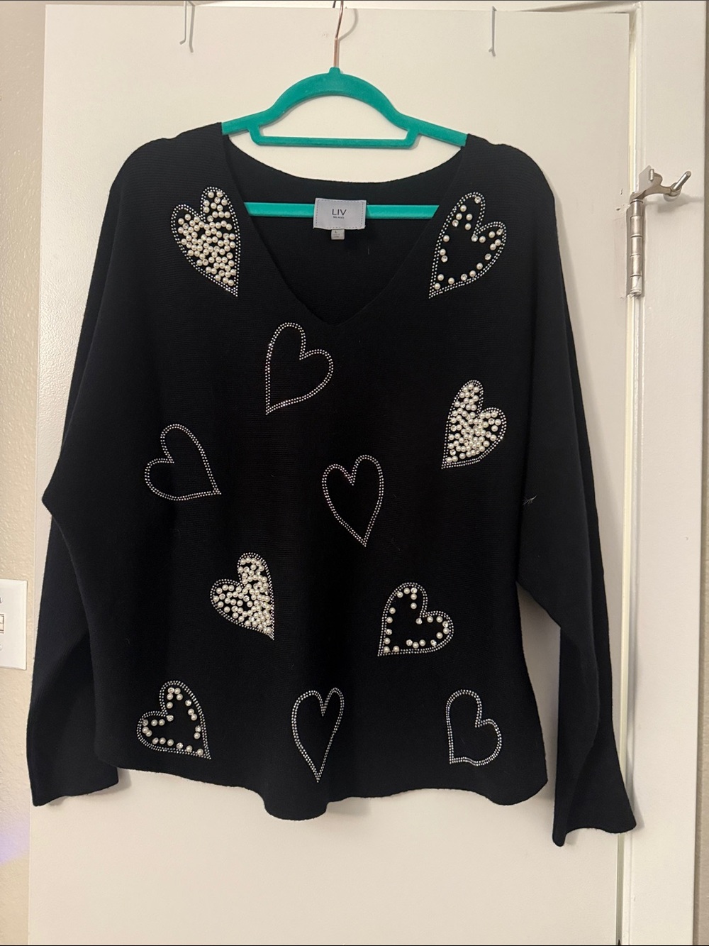 LIV Black V-Neck Heart Embellished Sweater